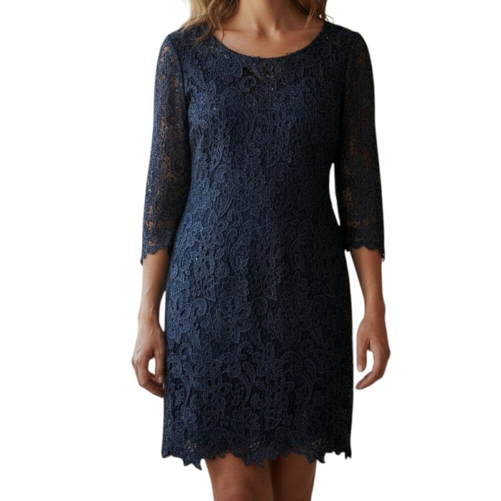 ARK & CO. Navy Scalloped Lace Design 3/4 Sleeves Back Zipper Dress - Size Medium